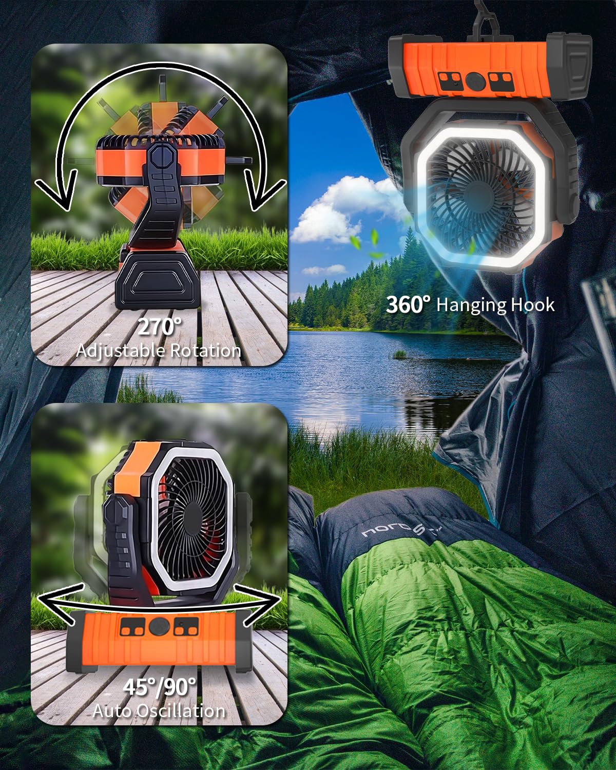 ADUST 20000mAh Rechargeable Battery Powered Camping Fan with LED Lantern - Portable Oscillating Fan with 360° Rotation & Hanging Hook - USB Desk Fan for Tent, Bedroom, Office, Outdoor Adventures (Orange)