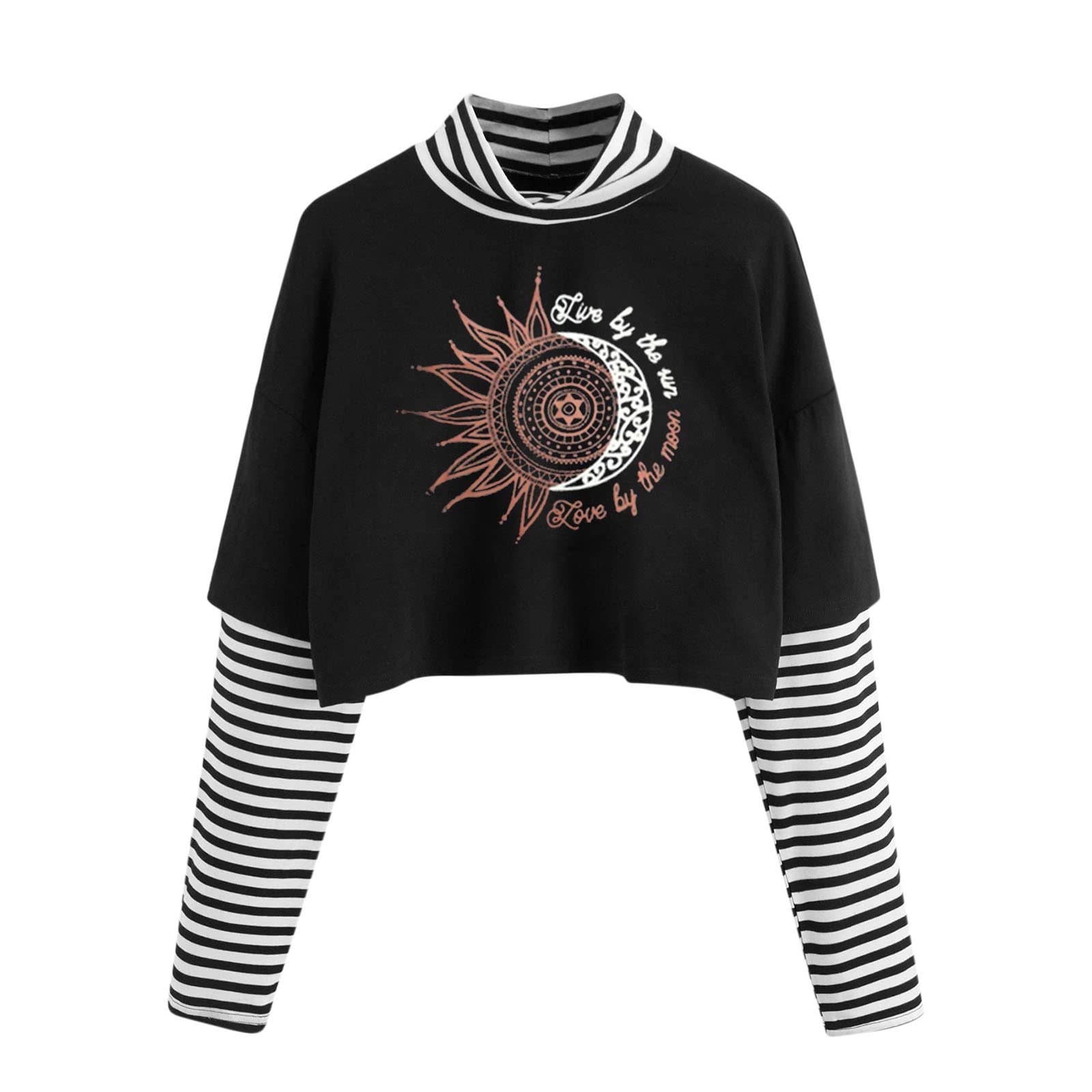 Women's Long Sleeve Color Block Striped Crop Top - Sun Moon Print Casual Blouse T-Shirt for Women (White) | Perfect for Everyday Wear, Office Outfits & Street Fashion