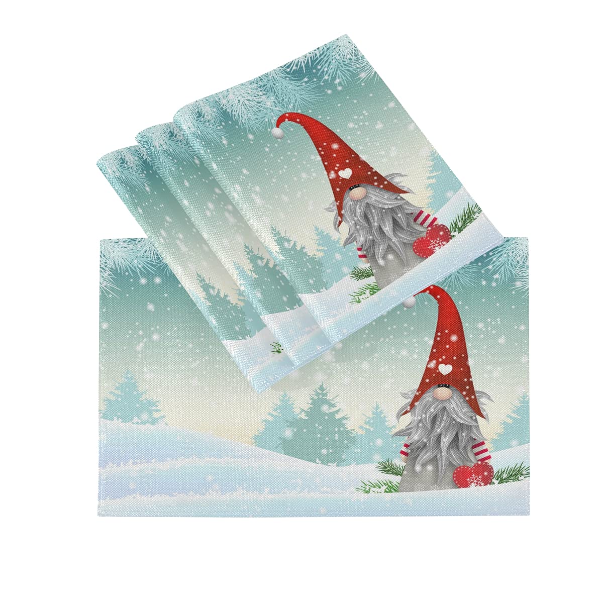 Bolaz Lovely Christmas Gnome Standing Snowfall Winter Placemats Set of 4 - Washable Snowflake Table Mats for Kitchen Dining Home Decor (12x18 inches) - Perfect for Holiday Parties, Winter Dinner Settings & Festive Home Decorations