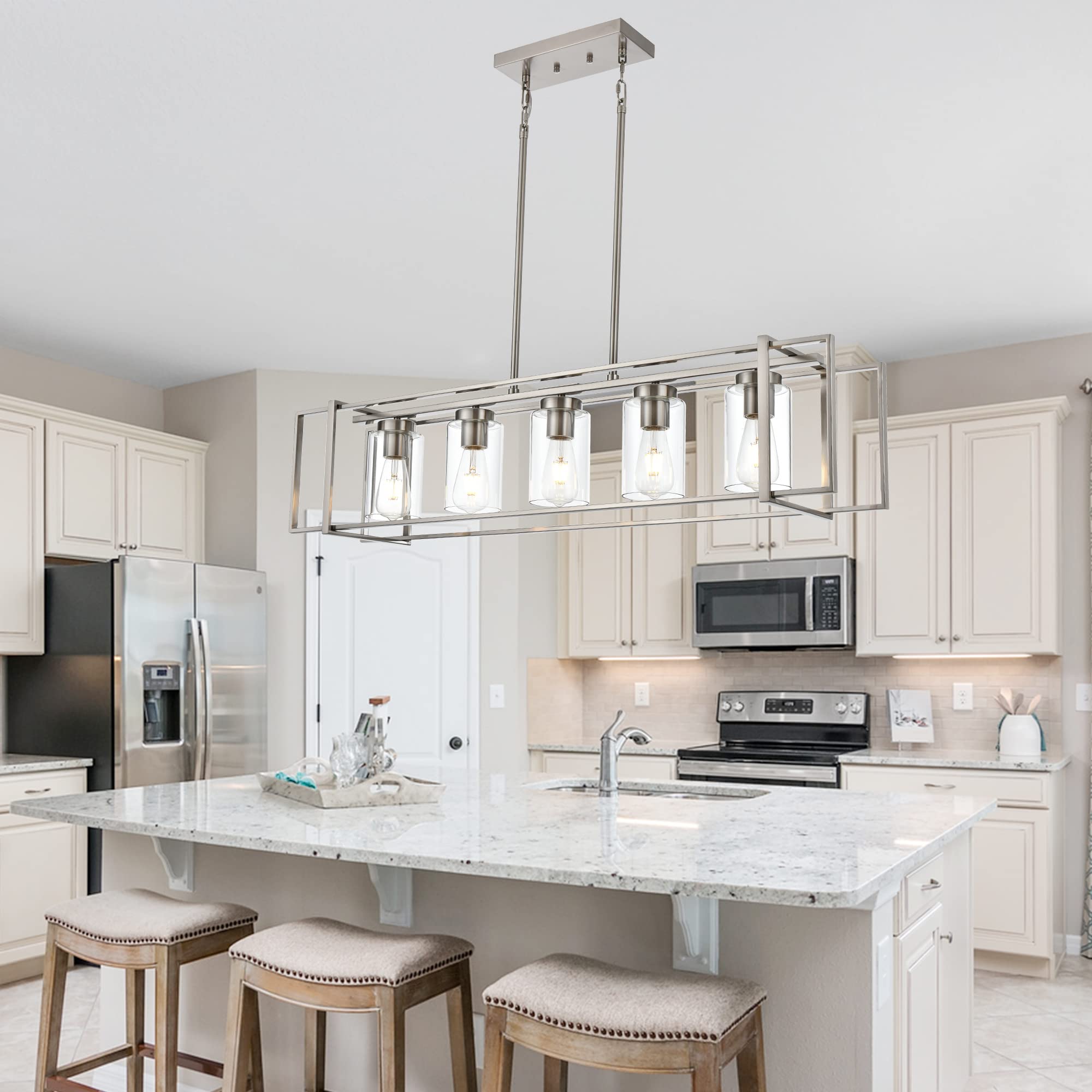MELUCEE 5-Light Brushed Nickel Rectangular Pendant Light with Clear Glass Shade - Adjustable Height Kitchen Island Lighting & Dining Room Chandelier - Perfect for Modern Farmhouse, Industrial & Contemporary Home Decor