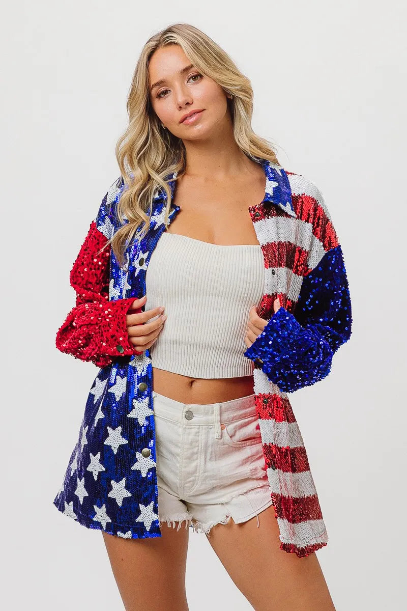 BiBi Velvet Sequin American Flag Shirt - Patriotic Women's Fashion Top for 4th of July, Parties & Festive Events