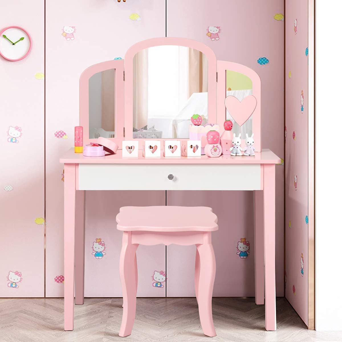 HONEY JOY Kids Vanity Set - Wooden Princess Pretend Play Dressing Table with Stool, Tri-Fold Mirror & Drawer for Little Girls (Pink) | Perfect for Birthday Gifts, Room Decor & Pretend Play for Toddlers Ages 3-8