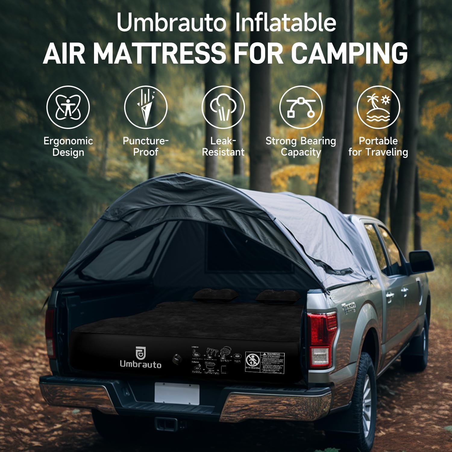 Umbrauto Easy Set-Up Truck Bed Tent for 6.4-6.7ft Pickup Trucks with Inflatable Mattress | PU3000mm Waterproof Camping Kit (Blue & Black) | Perfect for Outdoor Adventures, Road Trips & Family Camping