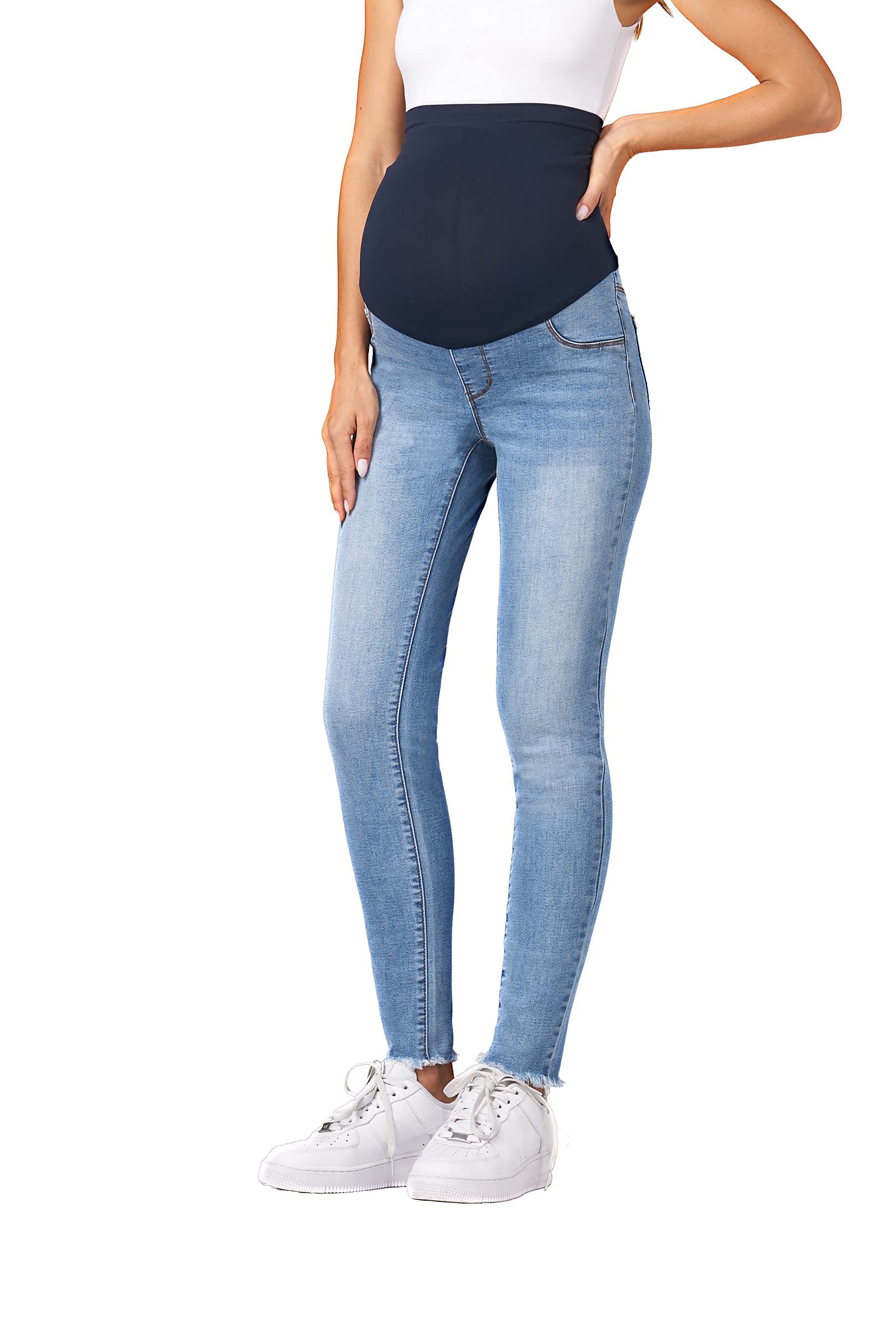NiceQ Women's Maternity Jeans - Stretchy Skinny Fit Ripped Hem Denim Pants for Pregnancy Comfort | Perfect for Work, Casual Outings & Everyday Wear