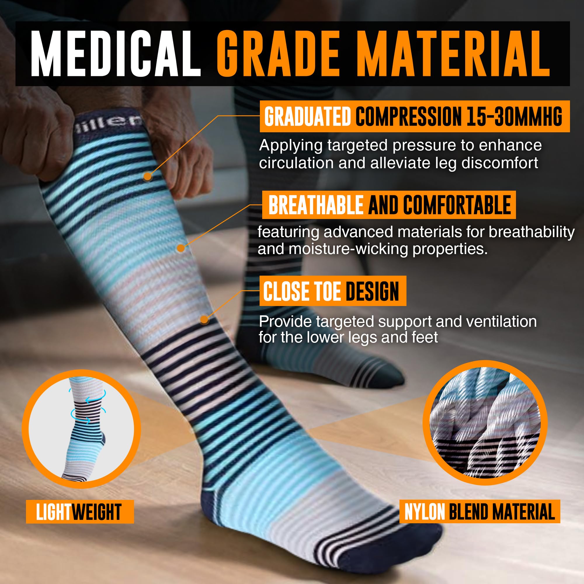 Doc Miller Compression Socks for Women & Men - 15-20mmHg Medical Grade Knee High Support Socks - Ideal for Running, Nursing, Travel, Pregnancy & Varicose Veins Relief - Perfect for Athletes, Nurses & Frequent Flyers (1 Pair)