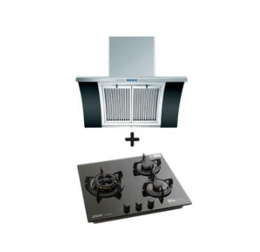 Ellane EH 2688 90cm Stainless Steel Chimney Range Hood with Arch Glass & WG 248SV 3-Burner Glass Cooktop with Safety Features - Modern Kitchen Ventilation System for Home Cooking