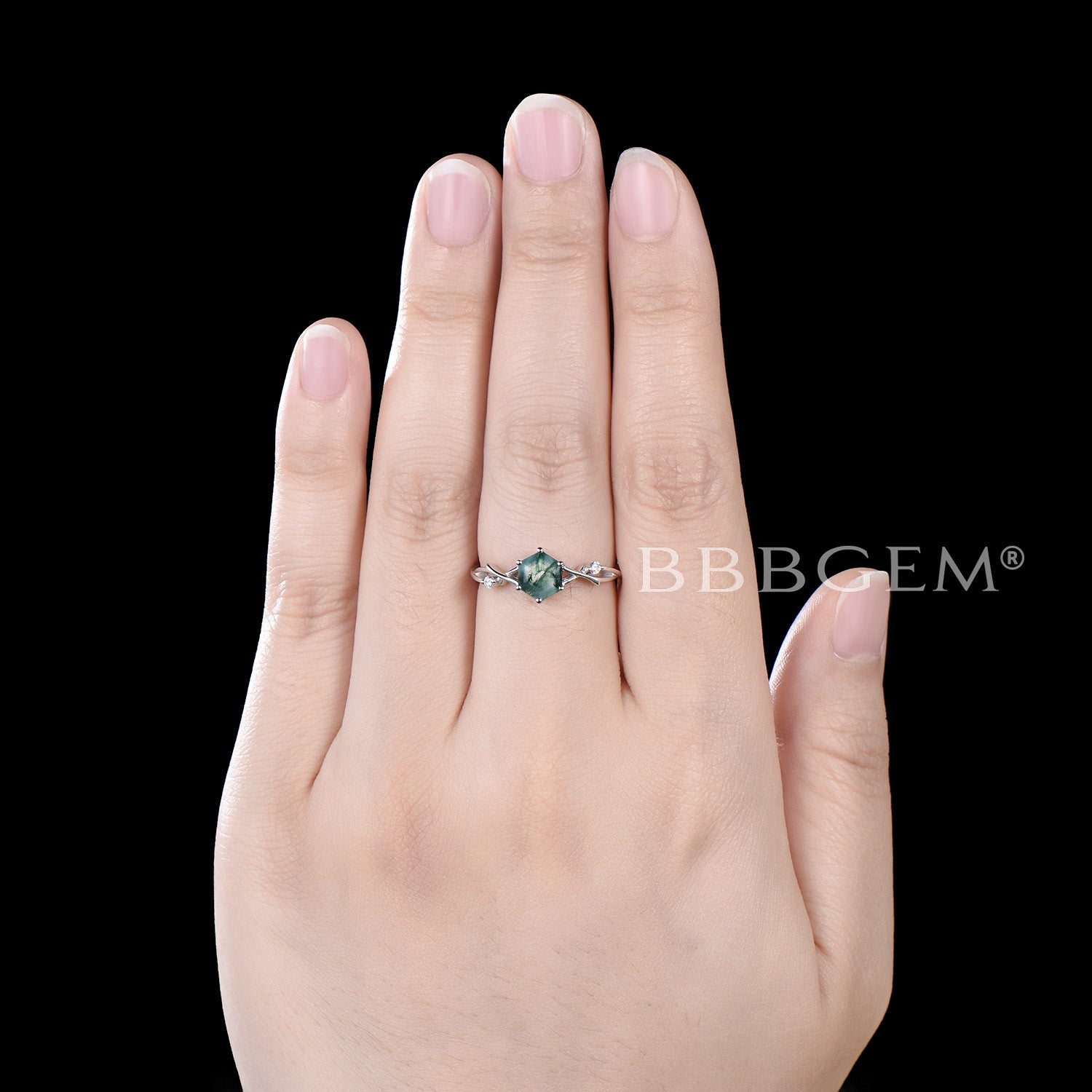 Twisted Vine Moss Agate Moissanite Engagement Ring - Hexagon Cut Wedding Band for Women, Nature-Inspired Jewelry for Brides, Anniversary Gifts & Boho Style Occasions