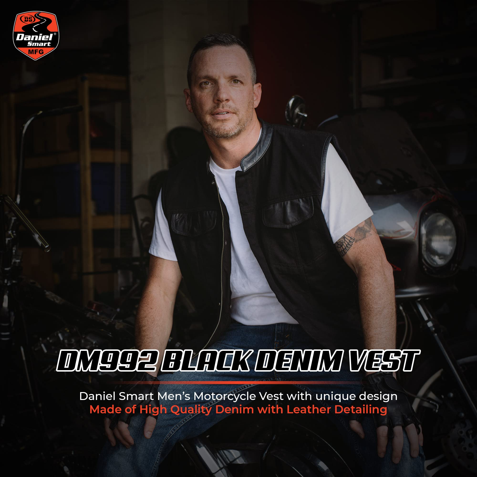 Daniel Smart Men's Black Denim Motorcycle Vest with Leather Detailing & Concealment Armory Pocket - Stylish Biker Jacket for Riding, Outdoor Adventures & Casual Wear