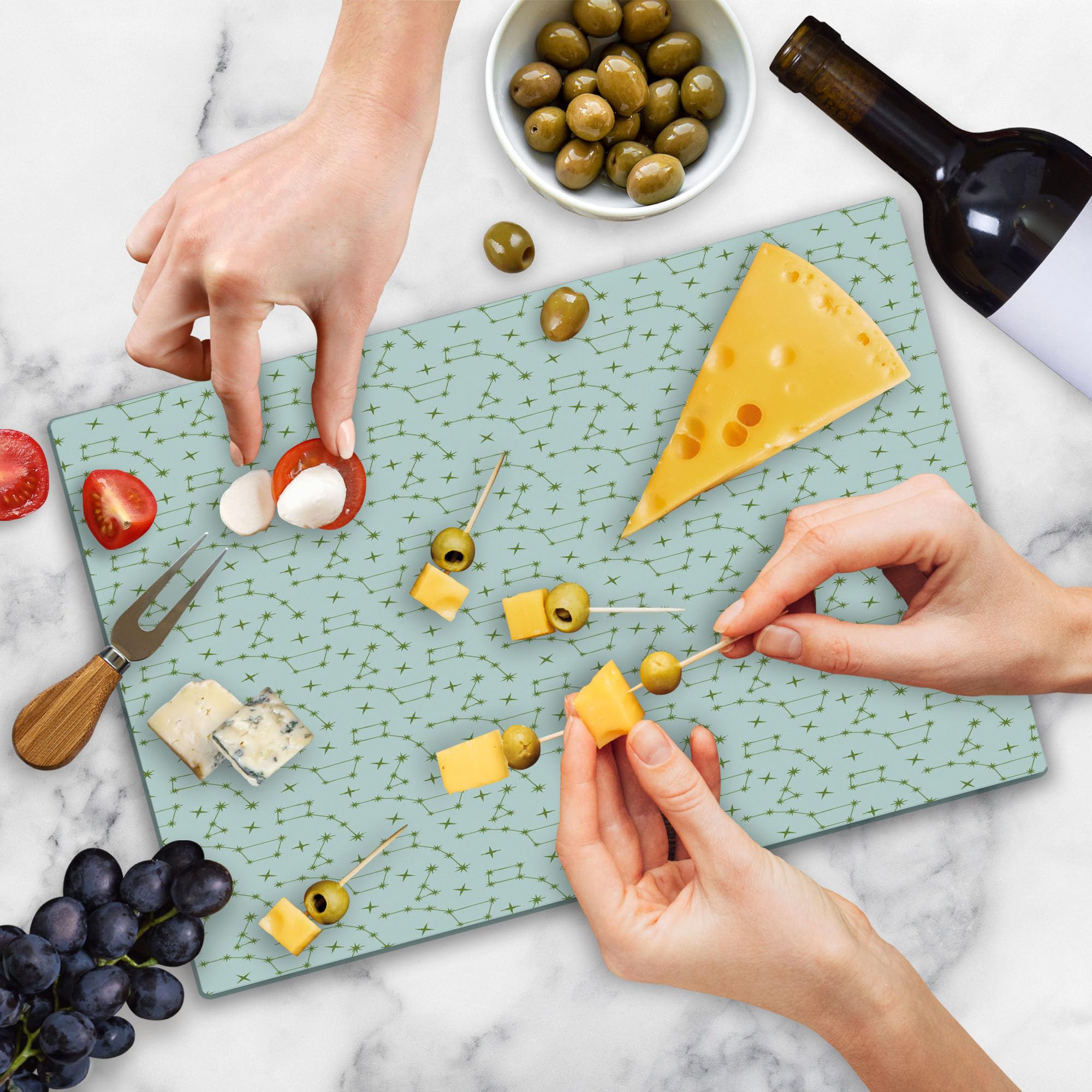 Ambesonne Constellation Tempered Glass Cutting Board - Large Astronomy Themed Serving Board with Stars Pattern, Pale Olive Green & White - Perfect for Kitchen Prep, Charcuterie Display & Home Decor