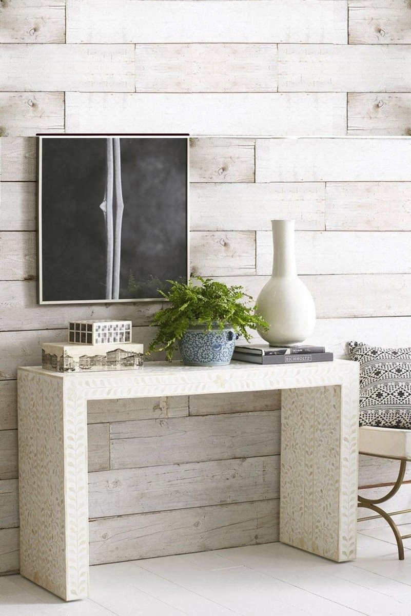 Handmade White Bone Inlay Console Table with Floral Design - Custom Entryway Table for Hallway, Living Room & Foyer Decor