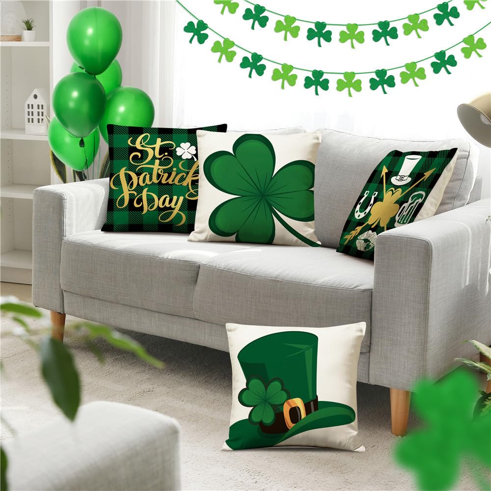 St. Patrick's Day Pillow Covers 18x18 Inch - 4 Pack Shamrock & Lucky Clover Throw Pillow Cases with Green Buffalo Plaid - Farmhouse Decor for Sofa, Couch, Bed - Perfect for Spring Home Decor & Irish Themed Parties