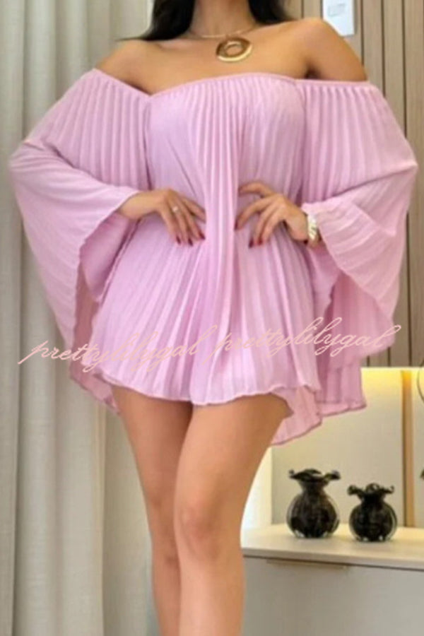 Off Shoulder Pleated Loose Top with Elastic Waist Shorts Set - Women's Summer Casual Outfit for Beach, Vacation & Date Night