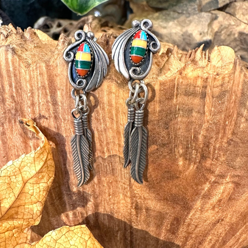 Vintage Sterling Silver Channel Inlay 2 Feather Earrings - Handmade Boho Jewelry for Women - Perfect for Fall Fashion, Thanksgiving, and Holiday Parties