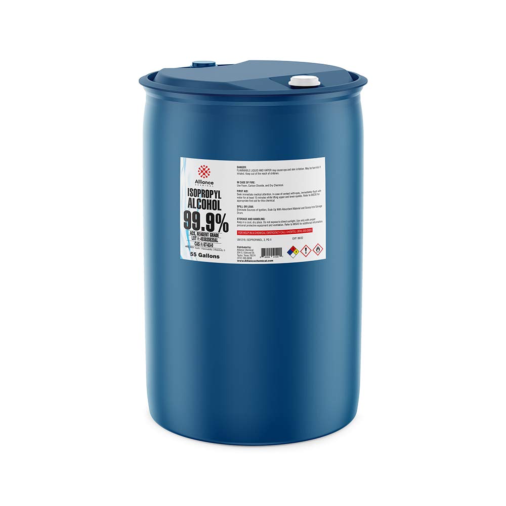 99.9% Pure Isopropyl Alcohol ACS Reagent Grade | 55 Gallon Drum | Ultra High Purity Lab Solvent | Medical, Laboratory & Electronics Cleaning Solution | Made in USA | Ideal for Sanitizing, Equipment Sterilization & Circuit Board Maintenance