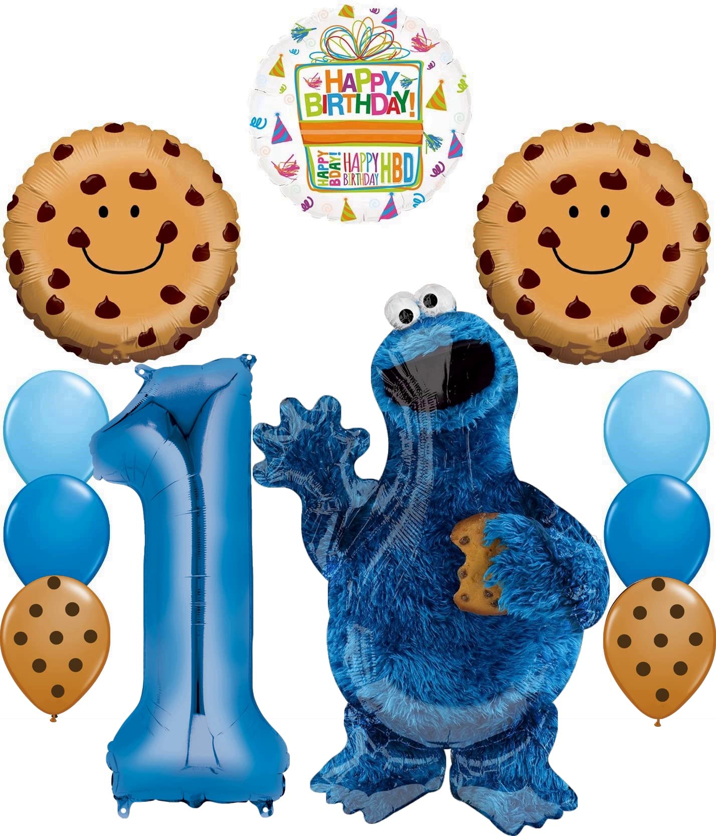 Anagram Cookie Monster 1st Birthday Party Supplies - 11 Piece Balloon Bouquet Decorations Set for Baby Shower & Sesame Street Themed Celebrations