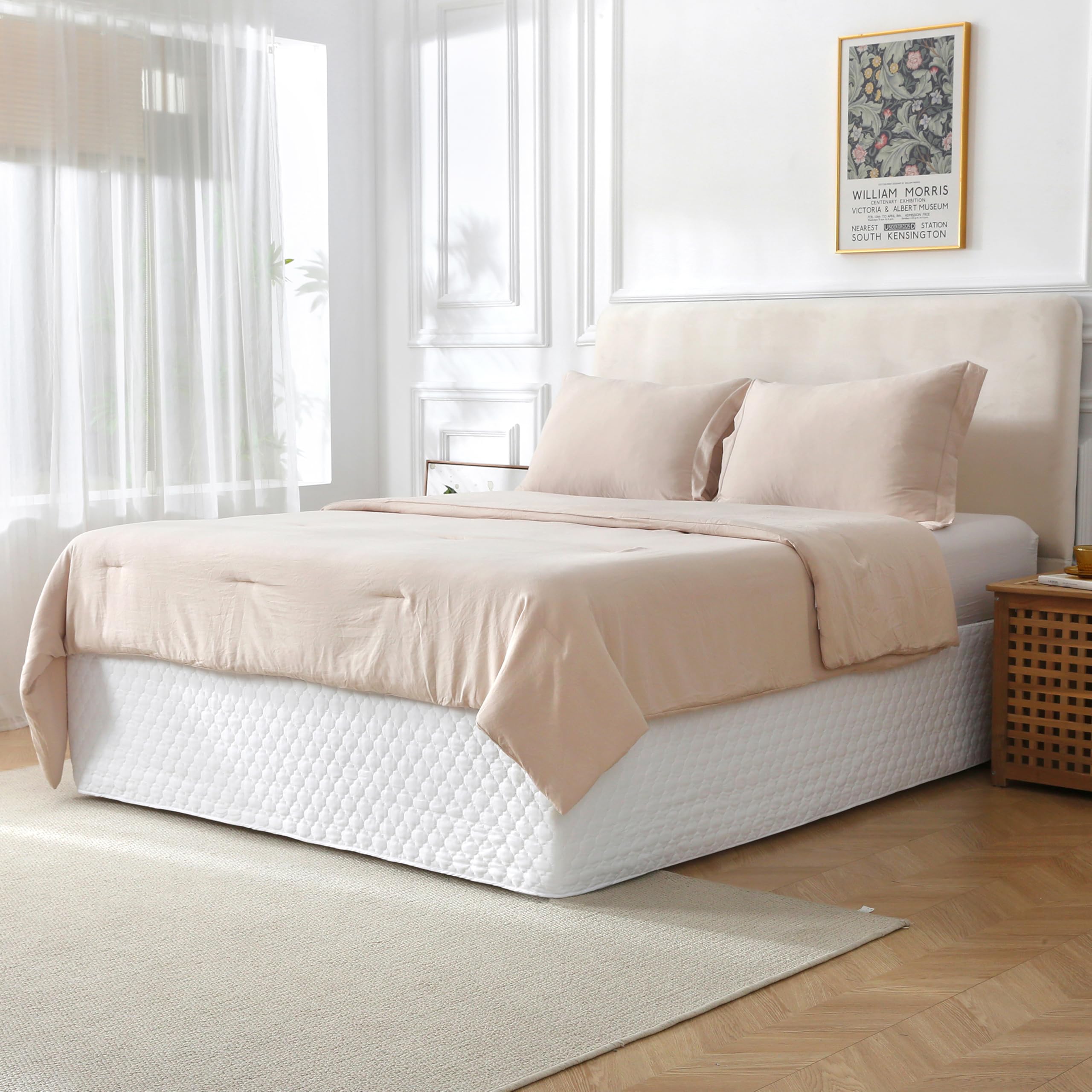 Queen Size White Bed Skirt - 14-Inch Drop Wrinkle-Free Box Spring Cover with Wrap-Around Design | Fade-Resistant & Easy Fit (White Lantern Flower) for Bedroom Decor, Guest Room & Master Bedroom Styling
