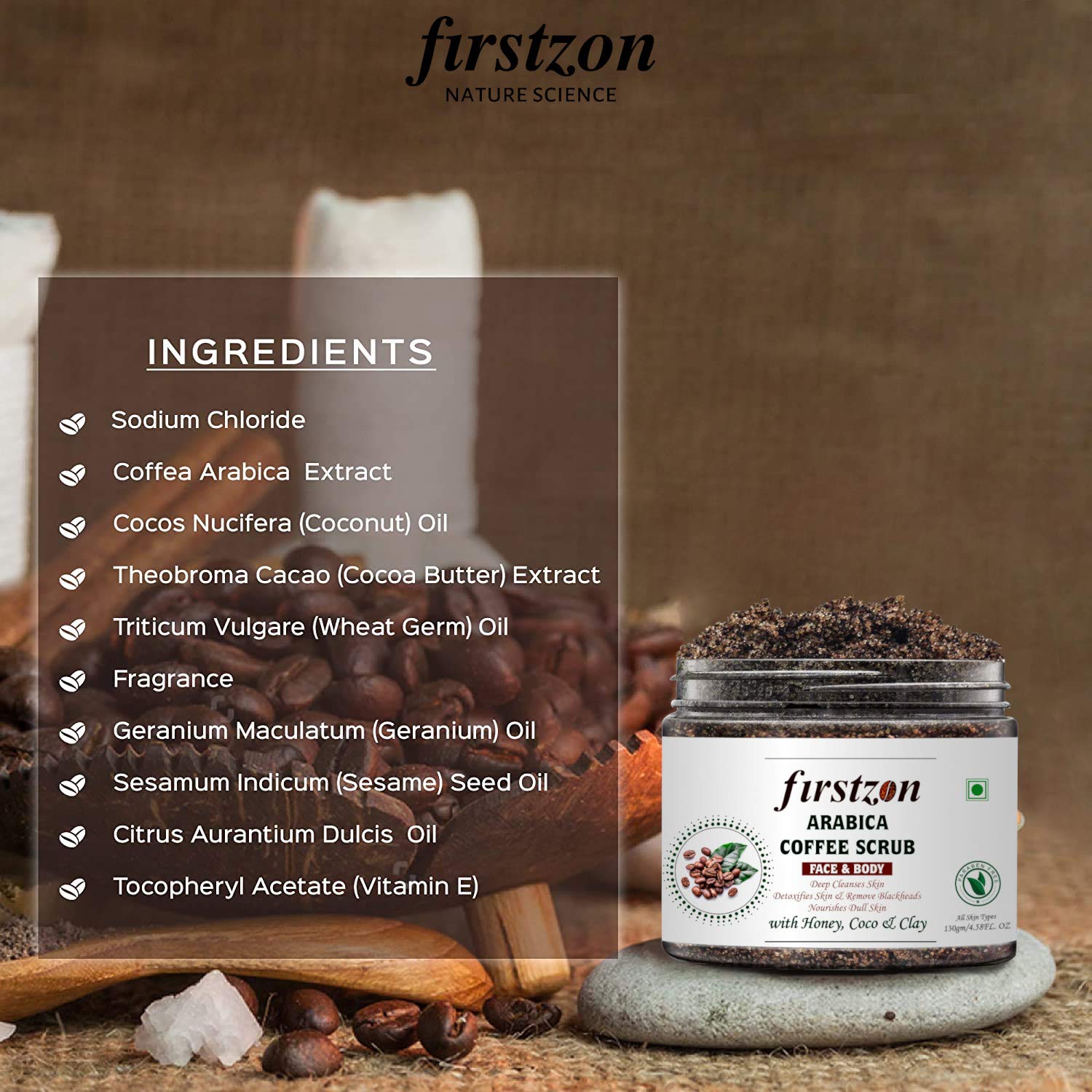 FIRSTZON Arabica Coffee Scrub for Face & Body with Honey & Coconut Oil - Exfoliating & Moisturizing Skincare for Smooth, Glowing Skin - Perfect for Spa Day & At-Home Self-Care Routine