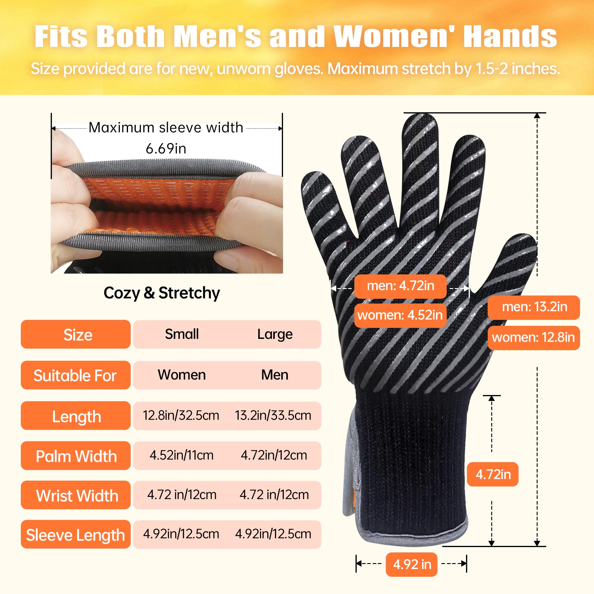 Heat Resistant BBQ Gloves 1472°F - Professional Grilling & Oven Gloves for Cooking, Baking & Outdoor BBQ - Silicone Grip with Aramid Bamboo Lining - Easy Removal Cuff (Black, Size S) - Perfect for Grilling, Baking, Camping & Kitchen Safety