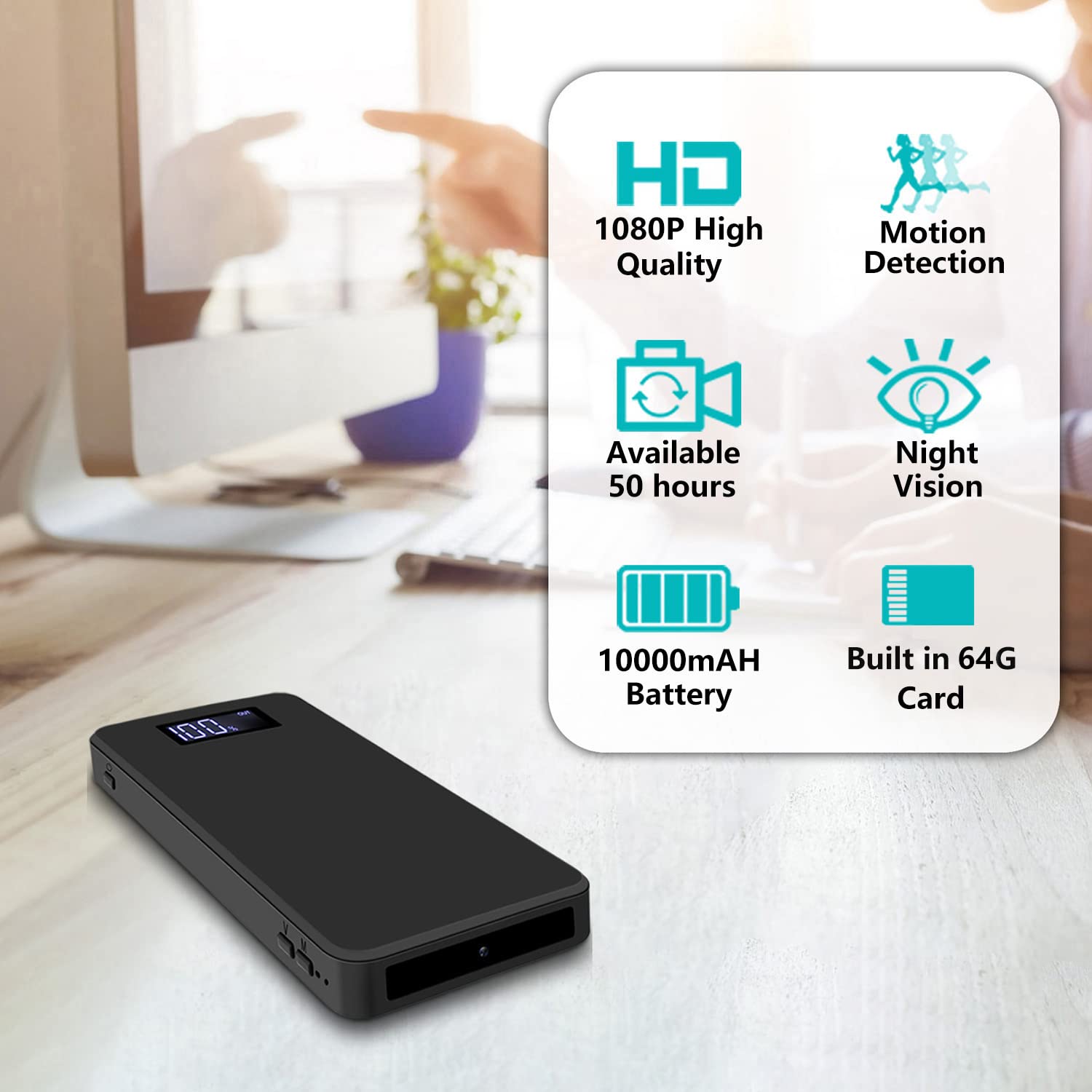 64GB Hidden Spy Camera - 1080P Mini Portable Nanny Cam with 10000mAh Battery & Motion Detection - Covert Security Camera for Home, Office, Car Surveillance (No WiFi) - Monitor Kids, Pets & Property Securely