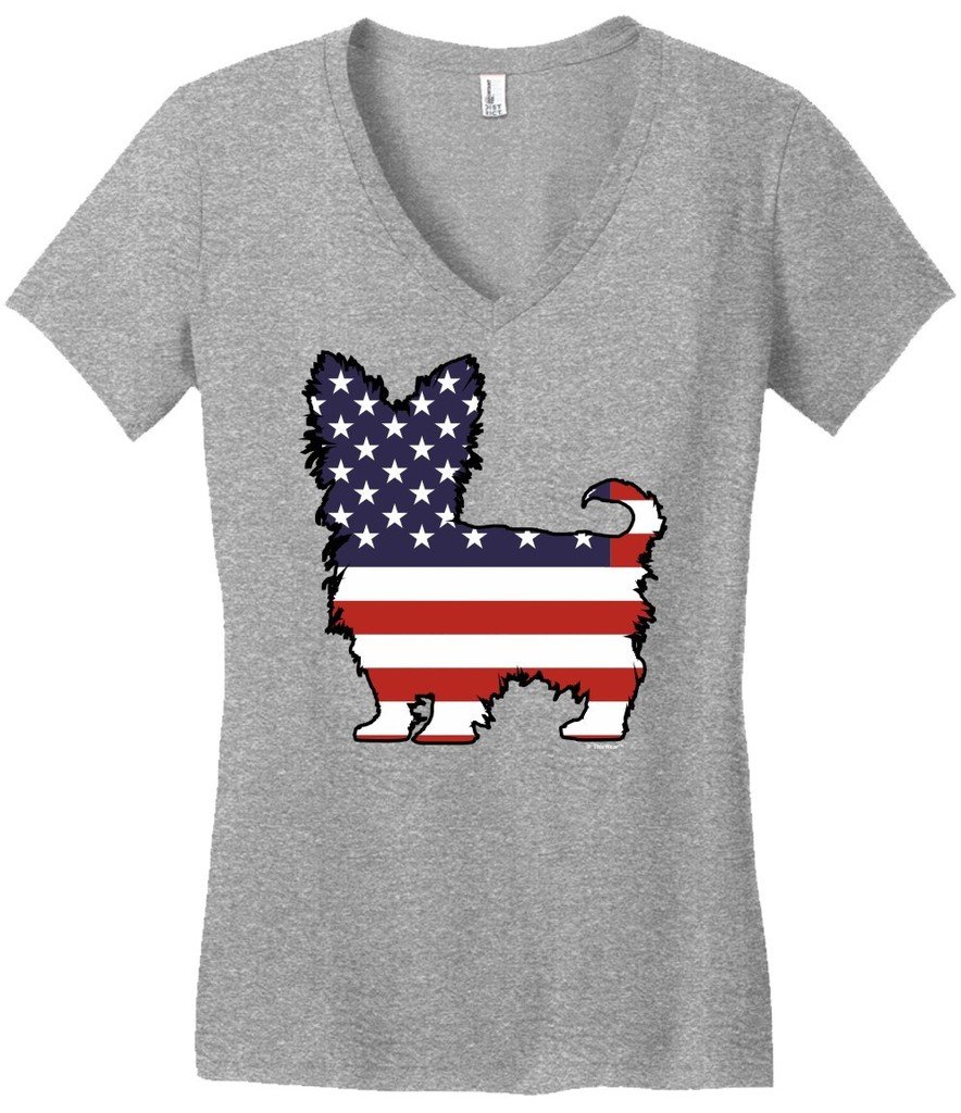 Patriotic Dog Yorkie Yorkshire Terrier American Flag V-Neck T-Shirt for Juniors - Perfect for 4th of July, Memorial Day & Pet Lovers