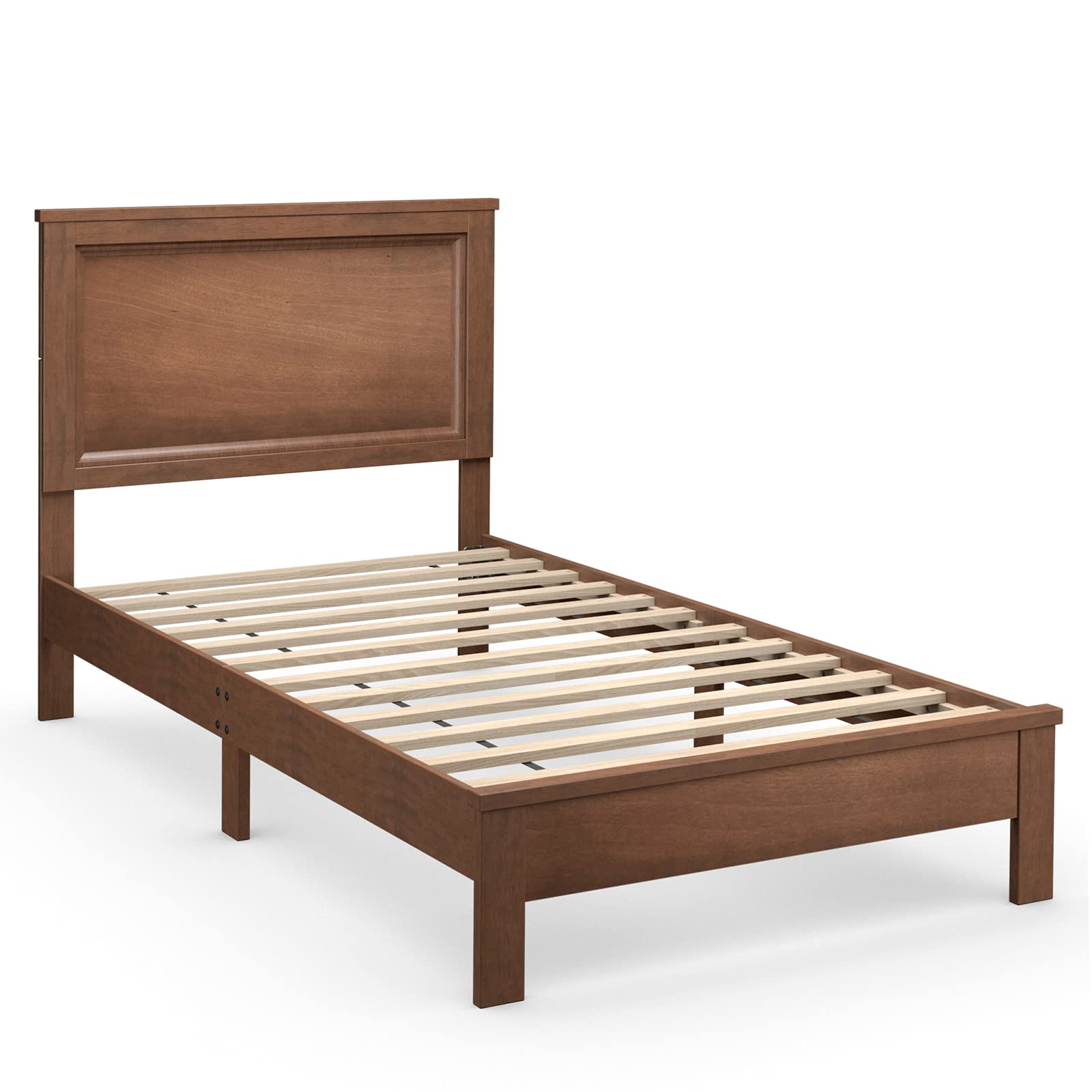 KOMFOTT Twin Size Wood Platform Bed Frame with Headboard - Mid Century Modern Walnut Bed with Slat Support & Under Bed Storage - No Box Spring Needed - Perfect for Small Bedrooms, Guest Rooms & Dorm Rooms
