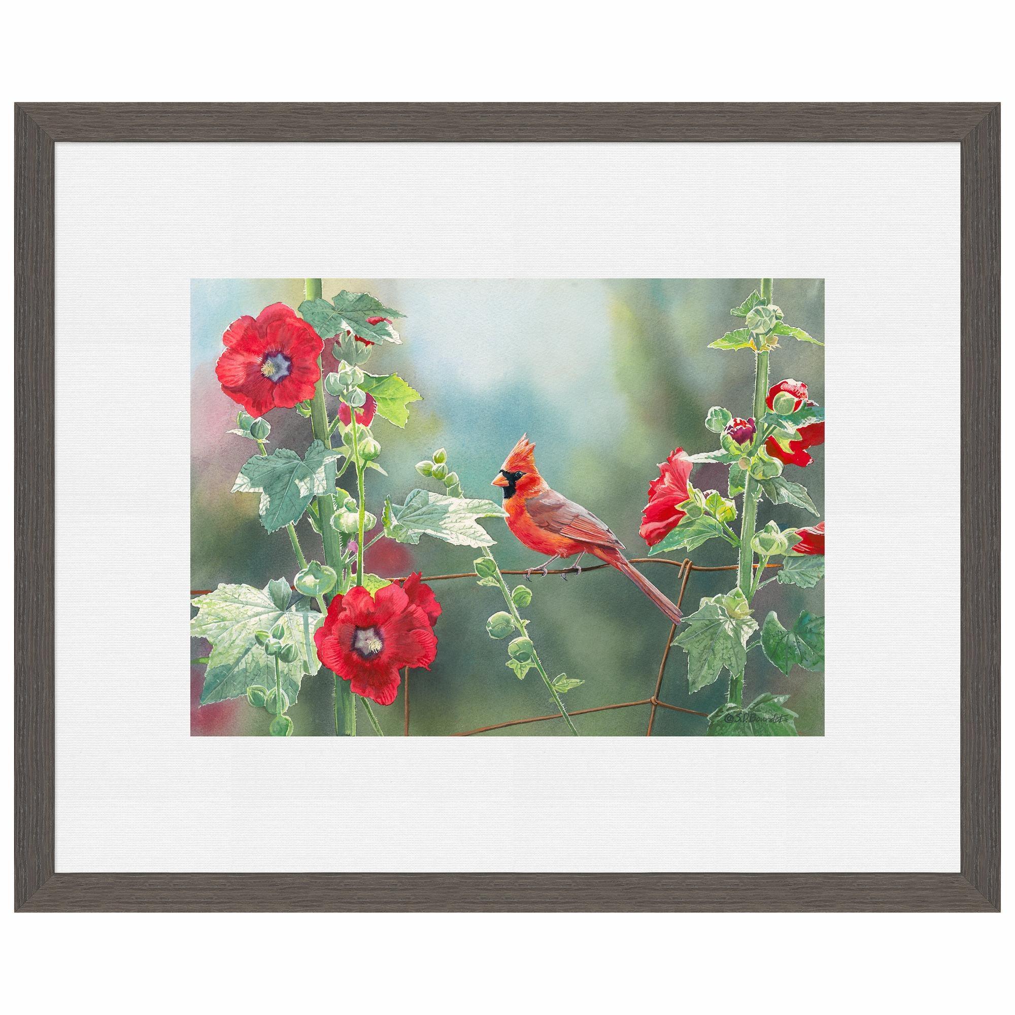 Cardinal and Hollyhocks Wall Art - Vibrant Red Bird and Flower Canvas Painting for Home Decor | Perfect for Living Room, Bedroom, and Office