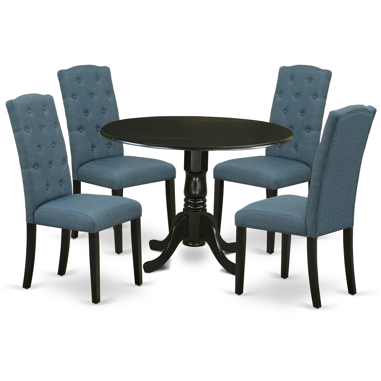 East West Furniture DLCE5-BLK-21 5-Piece Round Kitchen Dining Set with Drop Leaf Table & 4 Mineral Blue Linen Chairs, 42x42 Inch, Black - Perfect for Small Spaces, Breakfast Nooks, and Cozy Family Meals