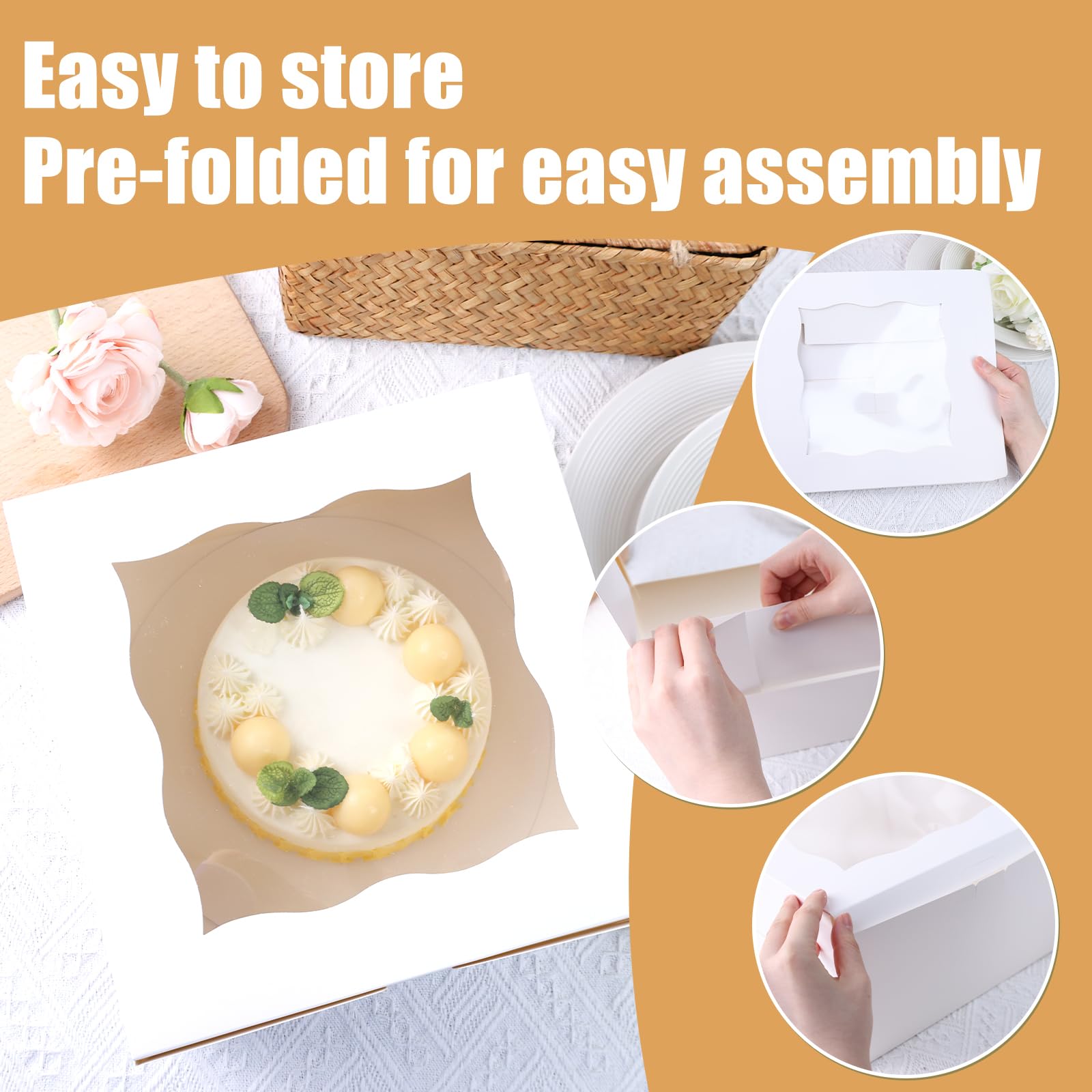 VGOODALL 15-Pack 10x10x5 Inch White Bakery Cake Boxes with Clear Window - Disposable Cardboard Pastry Boxes for Cakes, Cookies, Pies & Cupcakes - Perfect for Birthday, Wedding & Party Dessert Display