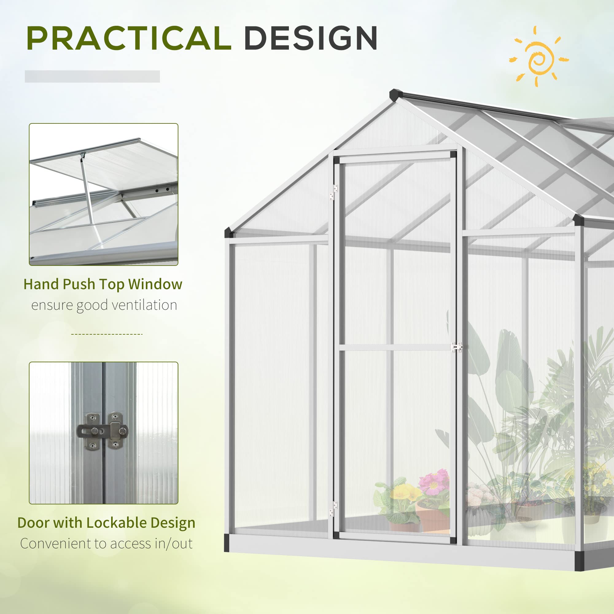 Outsunny 10' x 6' Polycarbonate Walk-in Greenhouse for Outdoor Gardening - Durable Aluminum Frame with Rain Gutter & Roof Vent - Perfect for Backyard, Patio & Home Garden Plant Growing