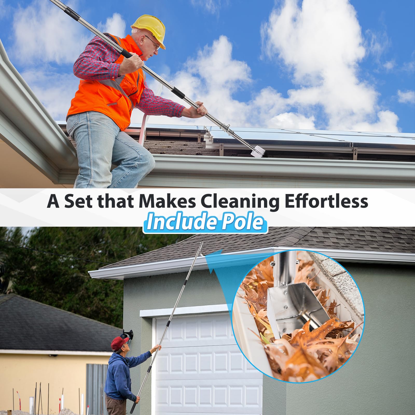 6.4FT Gutter Cleaning Kit with Brush & Scoop - Easy Leaves Removal for Homes & Gardens