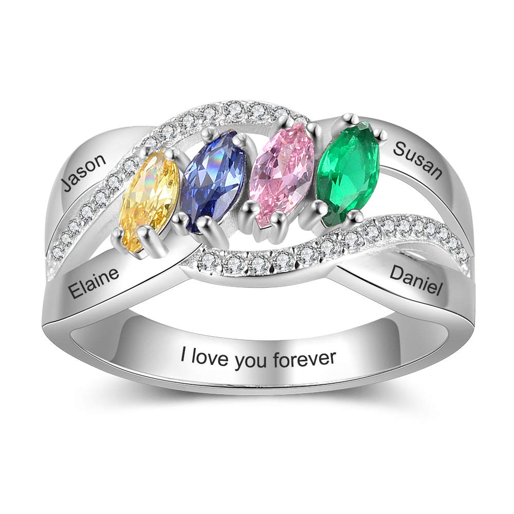 Personalized Mother's Rings with 4 Simulated Birthstones - Engraved Family Name Jewelry for Women, Grandmothers & Moms - Perfect Anniversary Gift & Christmas Present for Her - Ideal for Mother's Day, Birthday Celebrations and Special Occasions