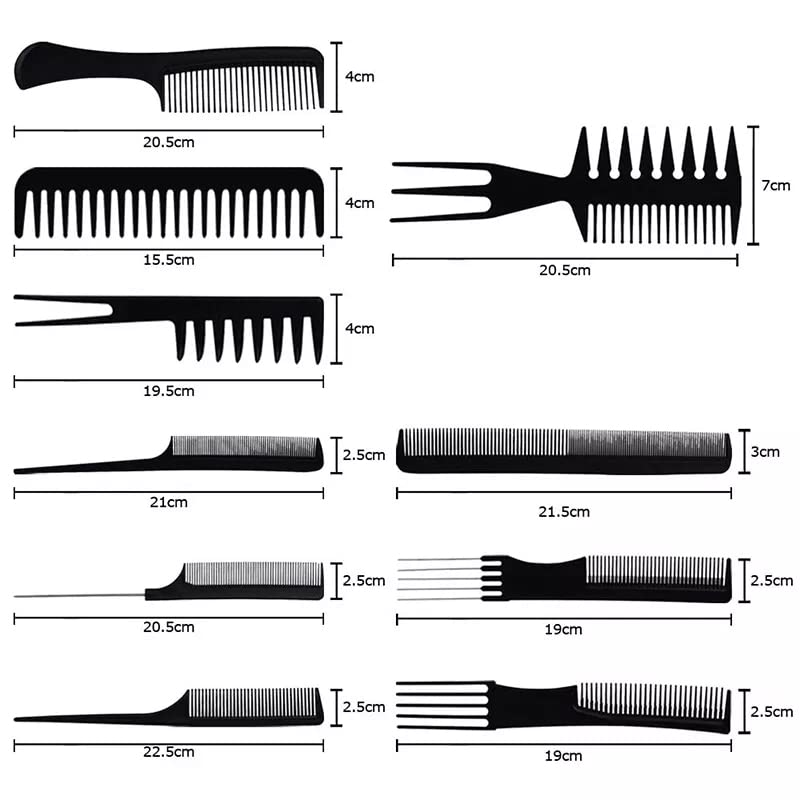 VELORA Professional 10-Piece Hair Comb Set - Styling & Cutting Brushes for Salon & Home Use - Black Hairdressing Tools for Men & Women - Perfect for Haircuts, Styling, Detangling & Blowouts