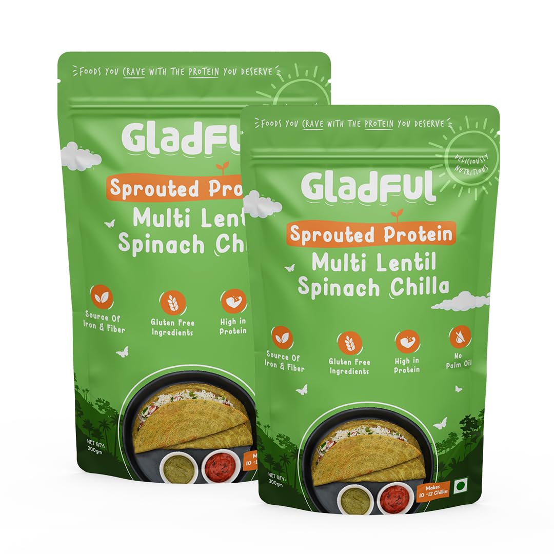 Gladful Protein Sprouted Lentils & Millets Instant Chilla Dosa Mix - 200g (Pack of 2) | High Protein & Fiber Rich Healthy Food for Kids & Families | Perfect for Breakfast, Snacks & Indian Cuisine