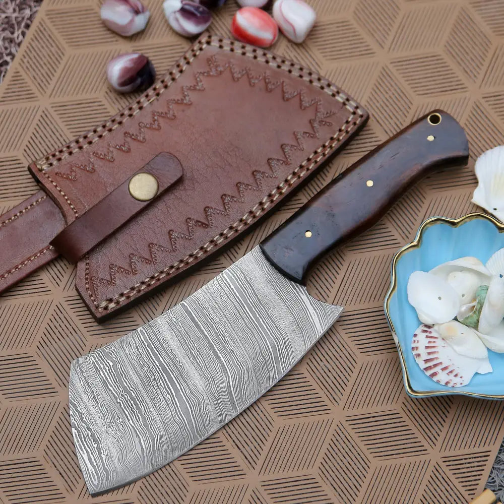 Premium 10-Inch Handmade Damascus Steel Cleaver Knife with Leather Sheath - Professional Chef Knife for Meat Cutting, Vegetable Chopping & Kitchen Cooking