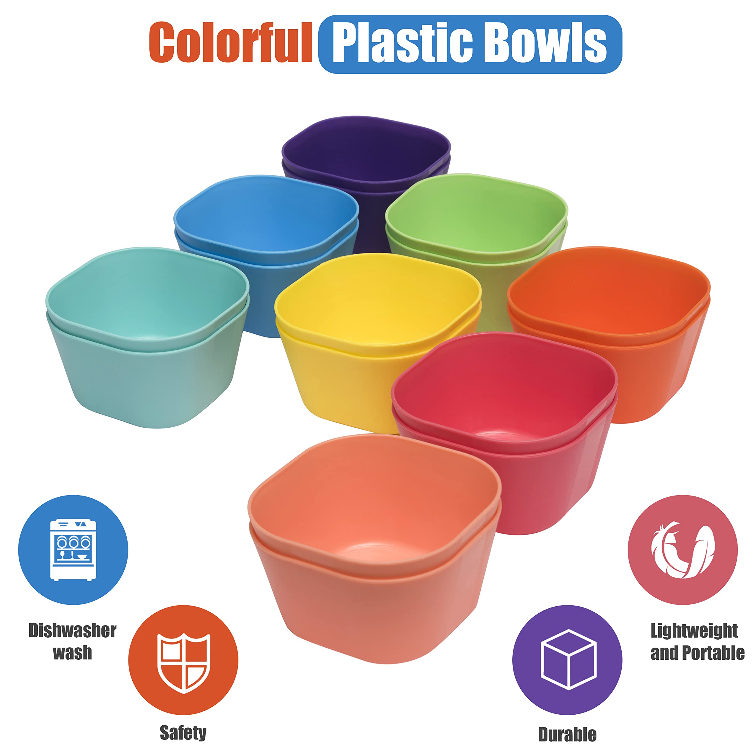 Klickpick 15oz Kids Bowls Set of 16 - Colorful BPA-Free Microwave & Dishwasher Safe Toddler Bowls for Snacks, Cereal, Meals - 8 Vibrant Colors - Perfect for Daycare, School Lunches & Family Dining