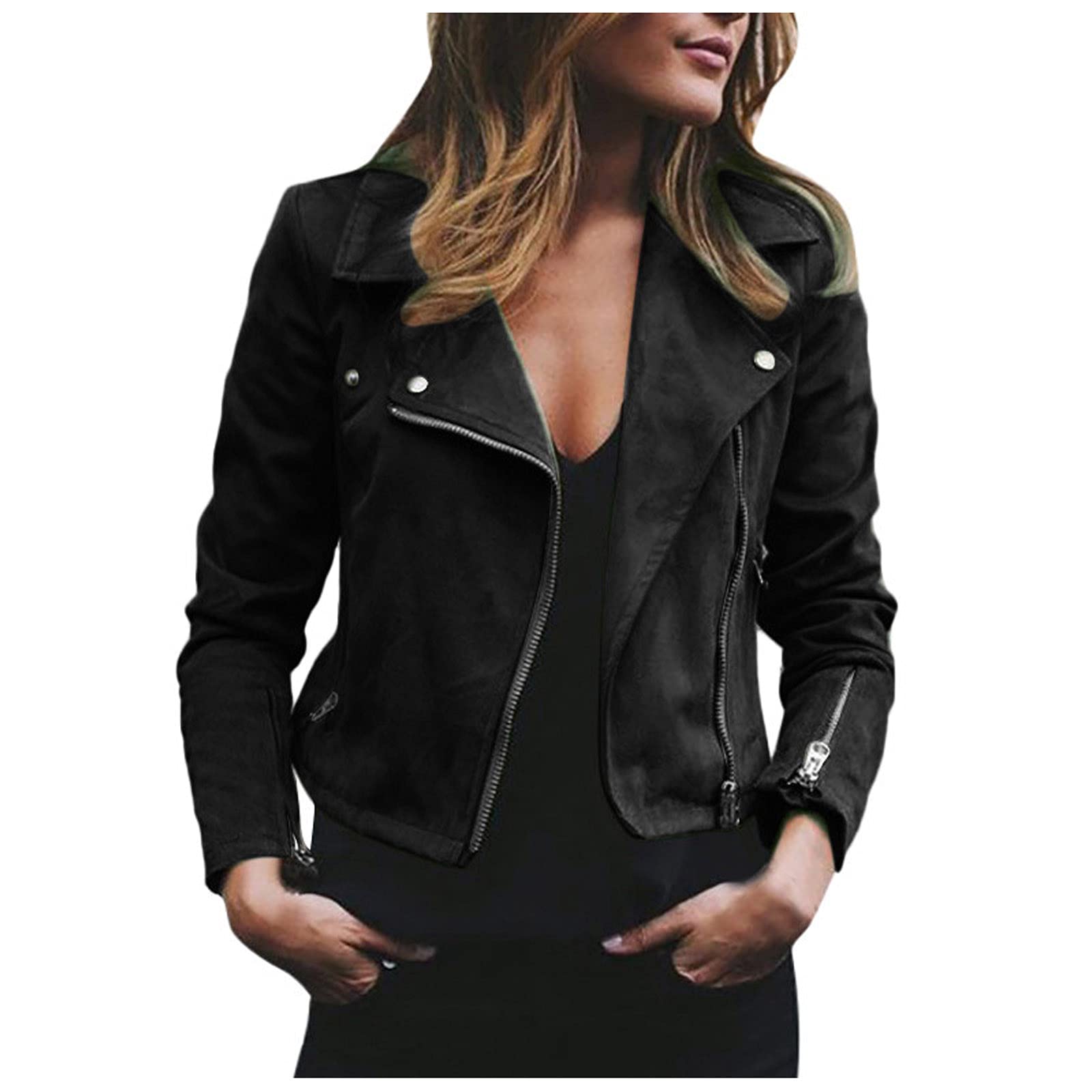 Women's Long Sleeve Cropped Leather Jacket - Solid Color Lapel Collar with Diagonal Zipper - Stylish Autumn Cardigan Coat for Casual Outings & Office Wear