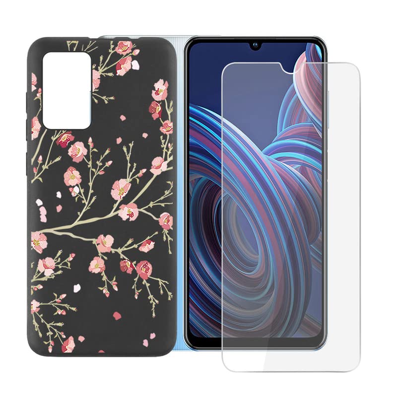 Premium Soft Silicone Case with 9H Tempered Glass Screen Protector for ZTE Blade A72 (6.75 Inch) - Shockproof TPU Bumper Cover & HD Protective Film (Black & Peach Blossom Design) - Perfect for Daily Use, Work, and Outdoor Activities