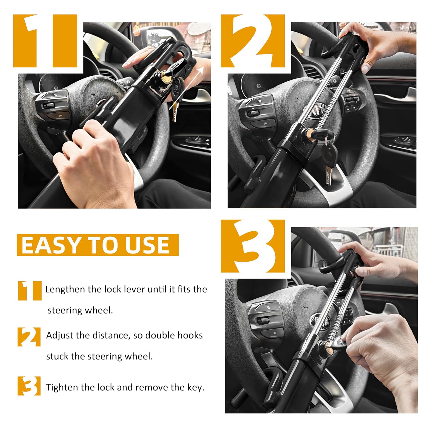 Universal Car Steering Wheel Lock - Adjustable Anti-Theft Device with Double Hooks for Cars, SUVs, Pickup Trucks & Vans (Black) | Secure Parking & Theft Protection for Urban Areas & Road Trips