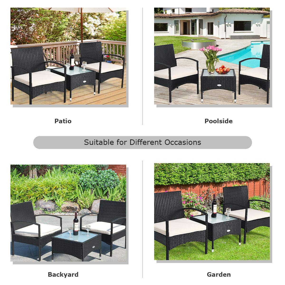 3-Piece Patio Wicker Rattan Furniture Set with Thick White Cushions - Outdoor Lounge Chairs for Poolside, Garden, Backyard & Patio - Weather-Resistant Rattan Sofa Set for Relaxing in Sun or Shade