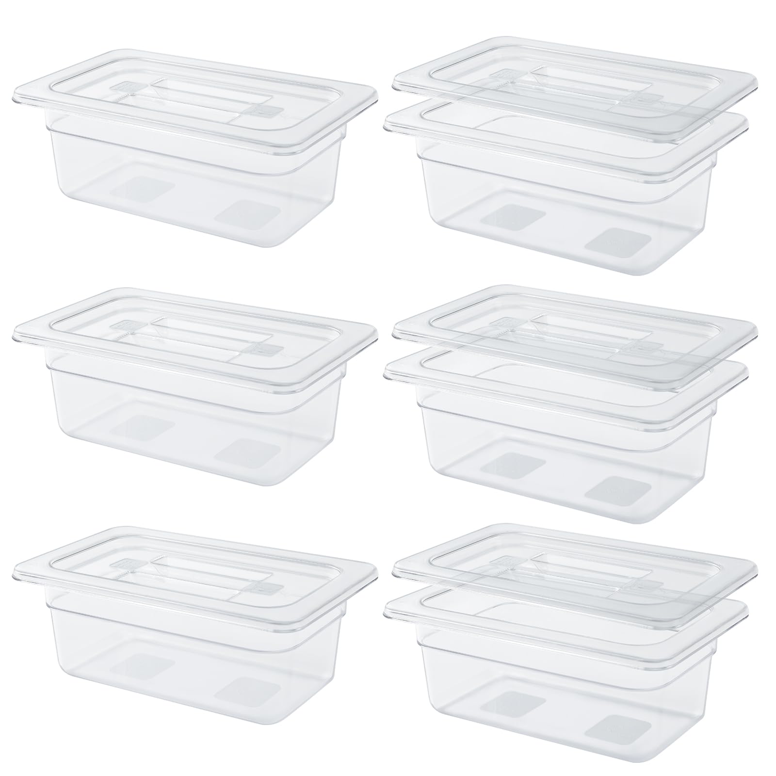6 Pack 1/4 Size 4'' Deep Clear Food Storage Containers with Lids - Commercial Grade Acrylic Transparent Food Pans, Stackable Plastic Containers with Capacity Scale - Perfect for Restaurants, Catering, Buffets & Food Prep