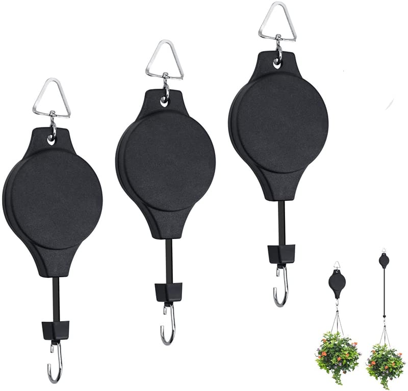 3-Piece Heavy Duty Retractable Plant Pulley Hanger Set - Easy Reach Garden Hook for Hanging Flower Baskets, Pots & Bird Feeders | Perfect for Balcony, Patio & Indoor Plant Decor