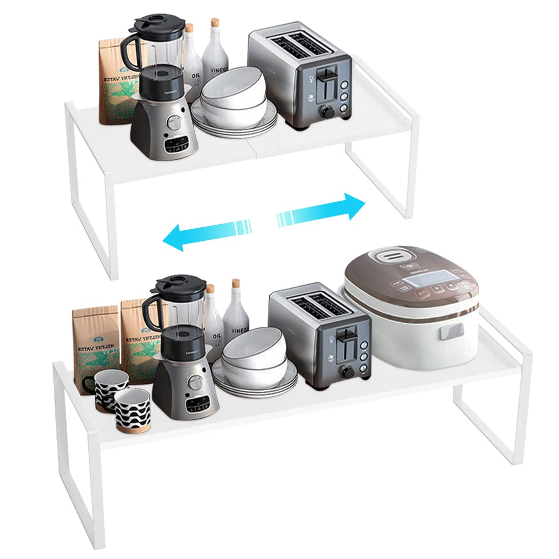 PASRLD Expandable Cabinet Shelf Organizers - Adjustable 14.1 to 23.6 Inch Metal Plate Shelves for Kitchen, Pantry & Bathroom Storage - White Spice Rack & Cupboard Organizer (9 Inches) - Perfect for Organizing Spices, Canned Goods & Toiletries