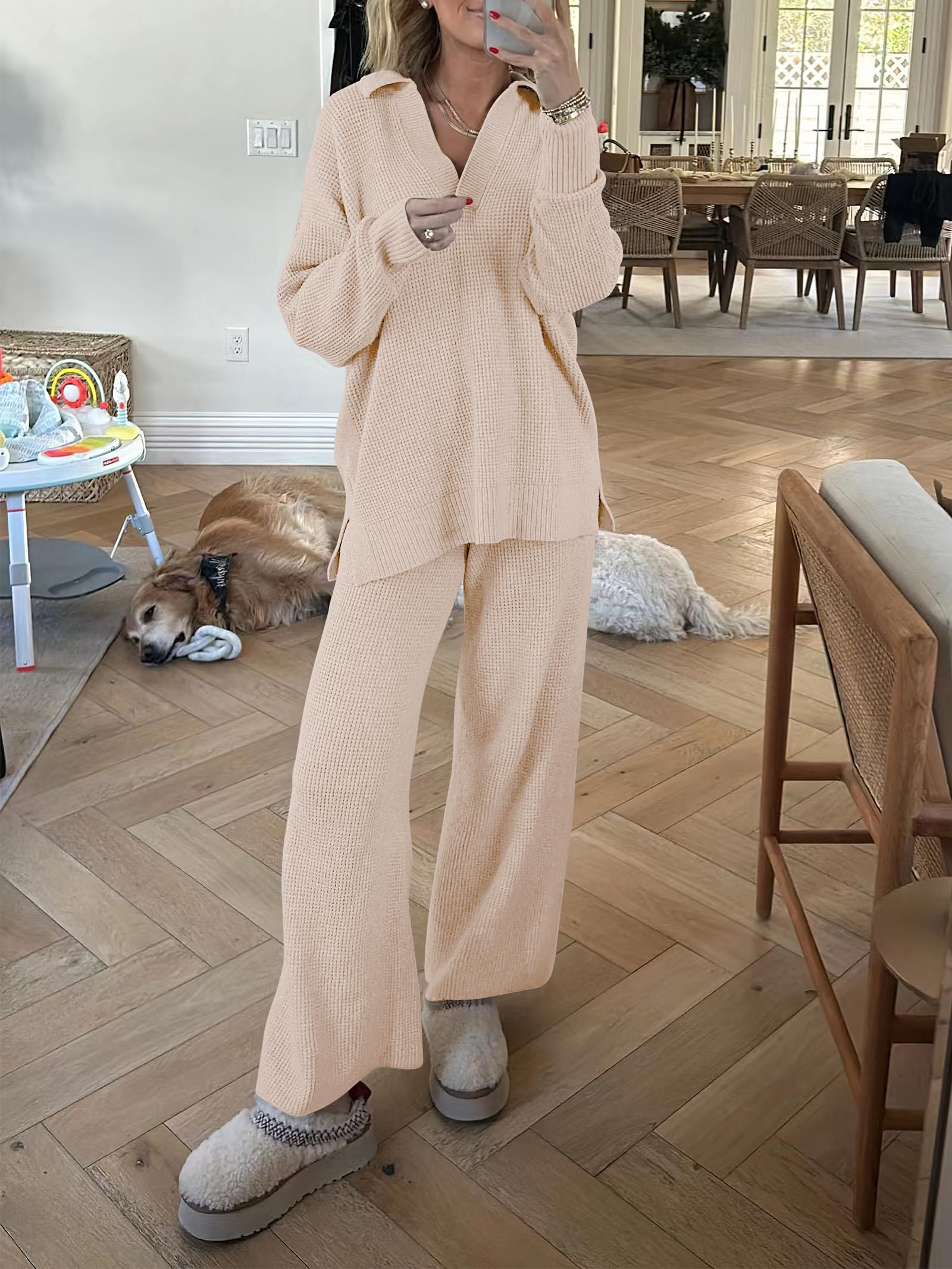 ANRABESS Women's Two Piece Outfits - Waffle Knit Sweater & Wide Leg Pants Lounge Set | Cozy Matching Tracksuit for Casual Wear, Home Comfort & Winter Outfits
