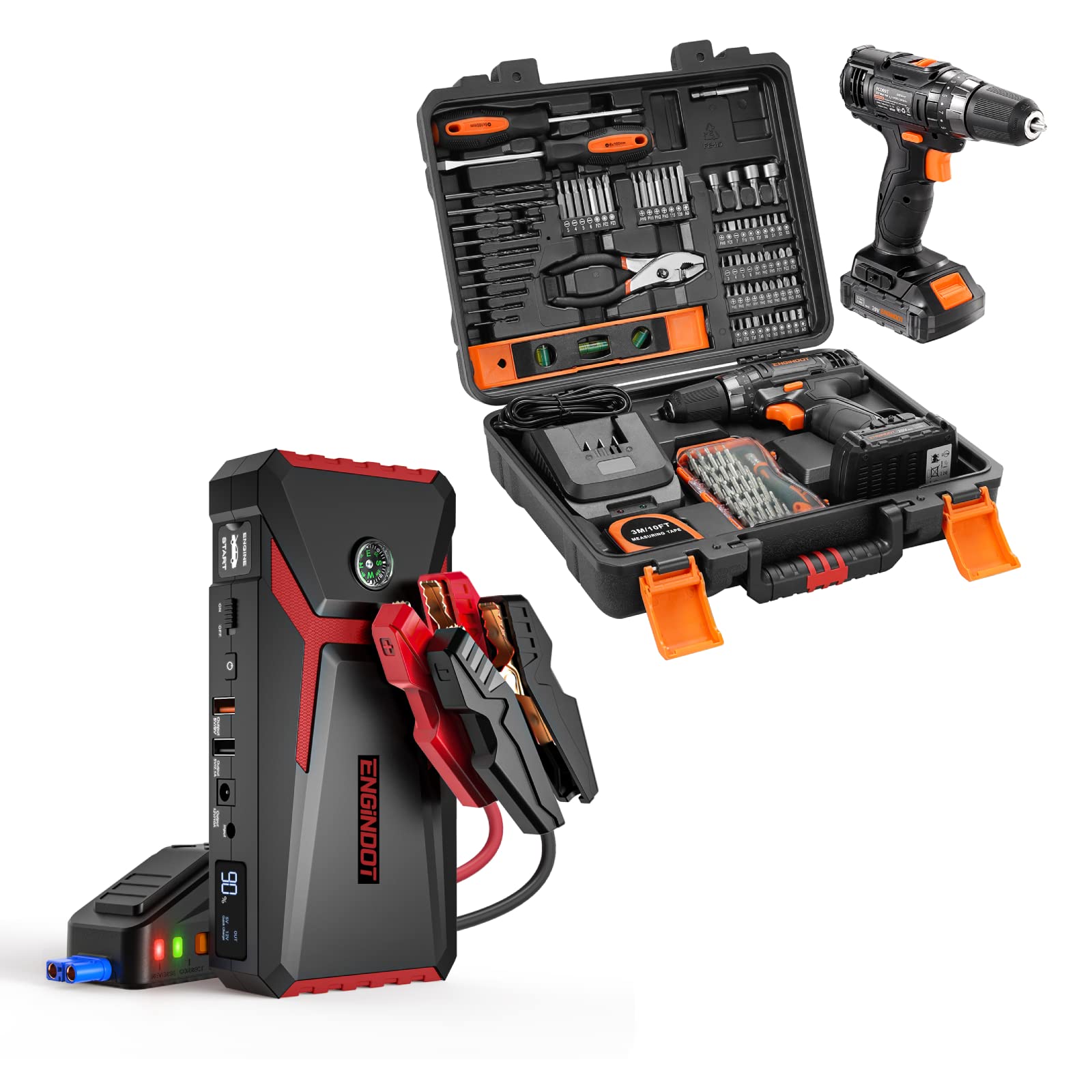ENGiNDOT 108-Piece Auto Accessories Kit with Jump Starter for 7.0L Gas/5.5L Diesel Engines & 20V Cordless Drill - Complete Car Maintenance and Home Repair Tool Set for Emergency Roadside Assistance and DIY Projects