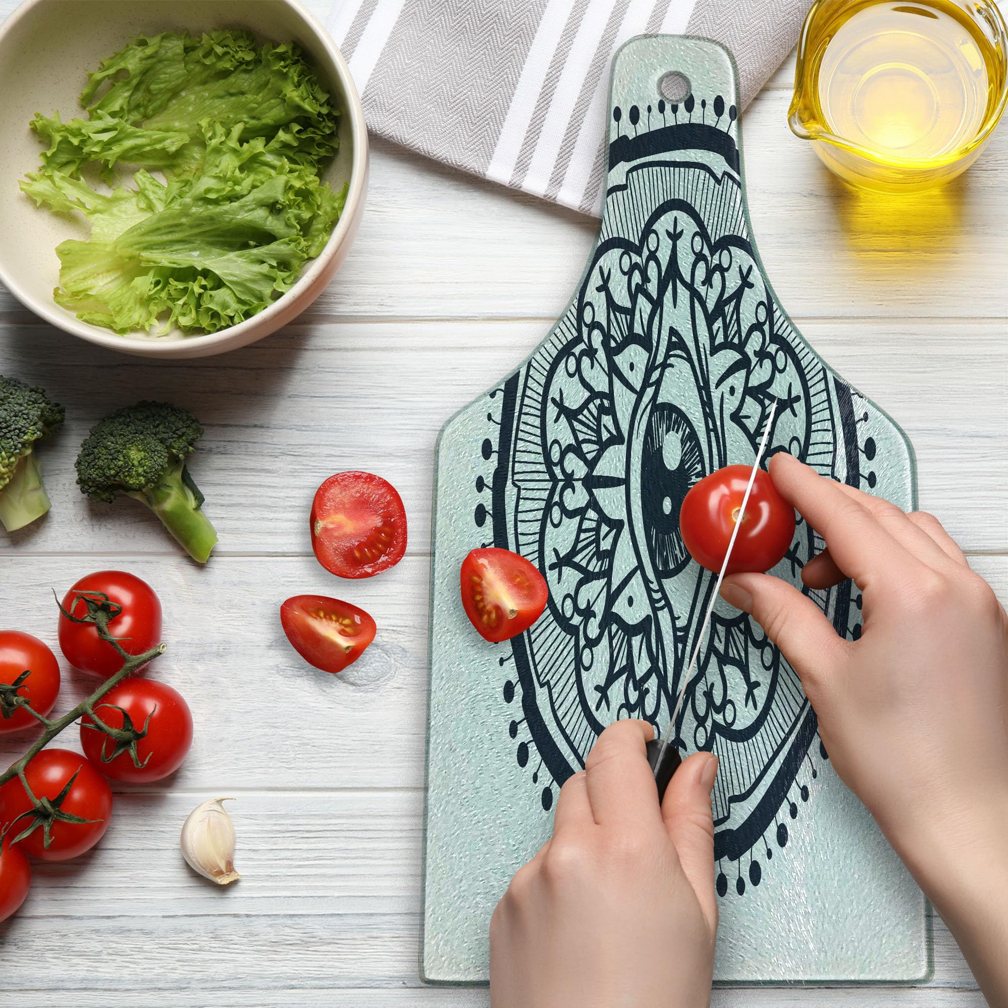 Ambesonne Boho Cutting Board - Realistic Retro Eye Pattern Round Eastern Mandala Design Tempered Glass Serving Board for Kitchen, Charcuterie & Wine (White & Blue) - Perfect for Entertaining, Cheese Platters & Home Decor