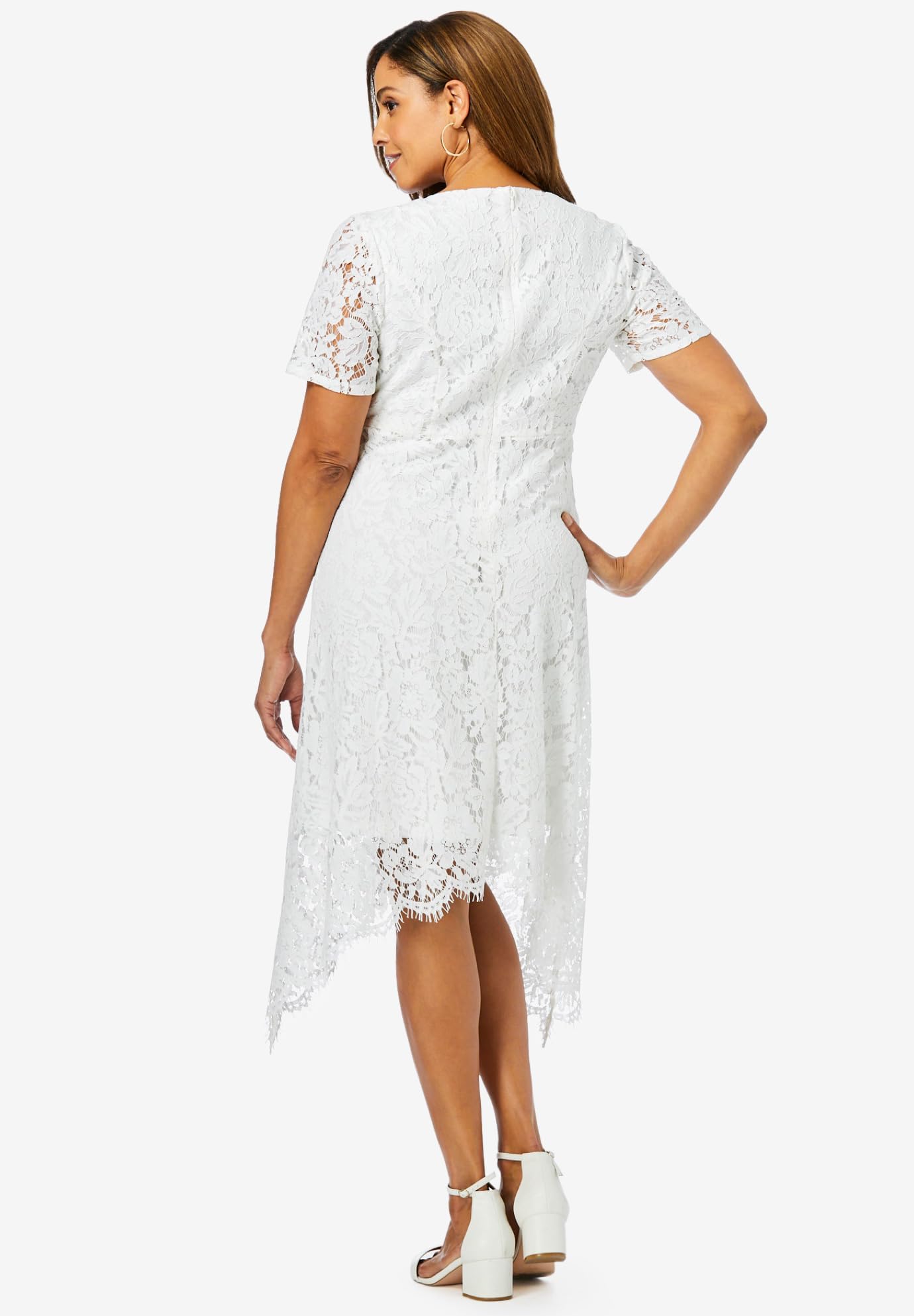 Jessica London Women's Plus Size Lace Handkerchief Dress - Elegant Floral Lace Midi Dress for Weddings, Parties & Special Occasions