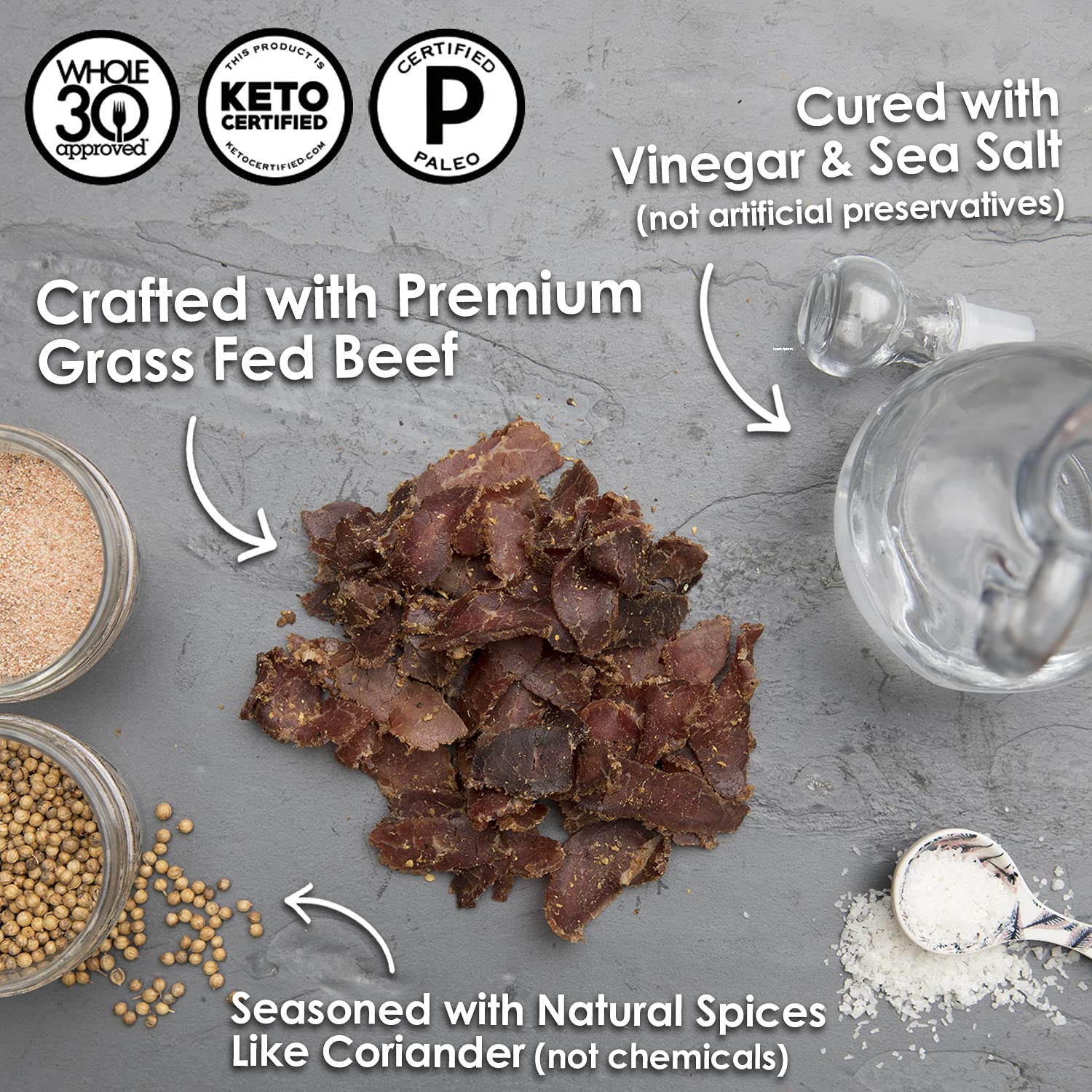 Keto-Friendly Grass Fed Beef Biltong Slices - 2oz Paleo Snack | Gluten Free, Whole30 Approved, Sugar Free, No Carb | Perfect for Hiking, Travel & Low-Carb Diets