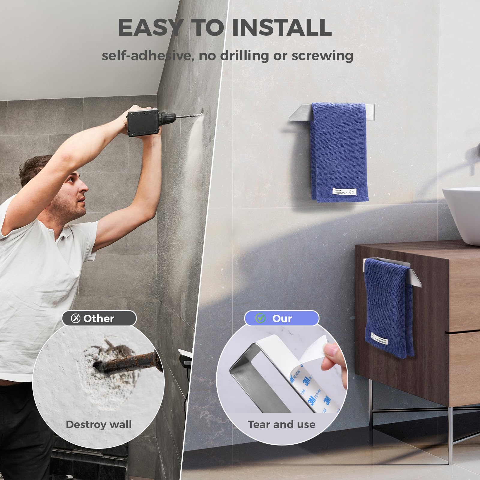 BOTEMY 8 Inch Self Adhesive Wall Mount Towel Holder - No Drill 304 Stainless Steel Bathroom Towel Rack, Heavy Duty Brushed Silver Towel Hanger for Kitchen, Bathroom, RV - Perfect for Small Spaces & Rental Homes (1 Pack)