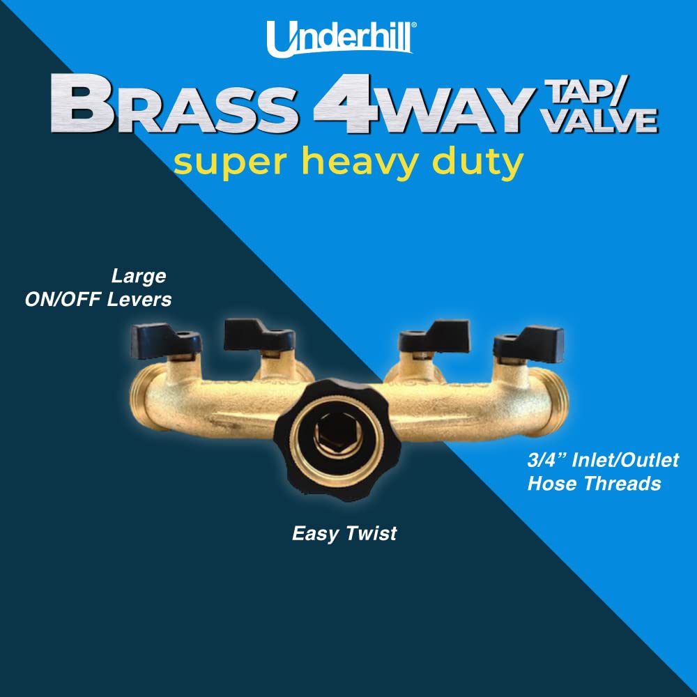 Underhill 4-Way Heavy-Duty Brass Hose Splitter Adapter with Shut Off Valve - 3/4 Inch Garden Water Hose Connector - Perfect for Lawn Irrigation, Car Washing & Outdoor Cleaning