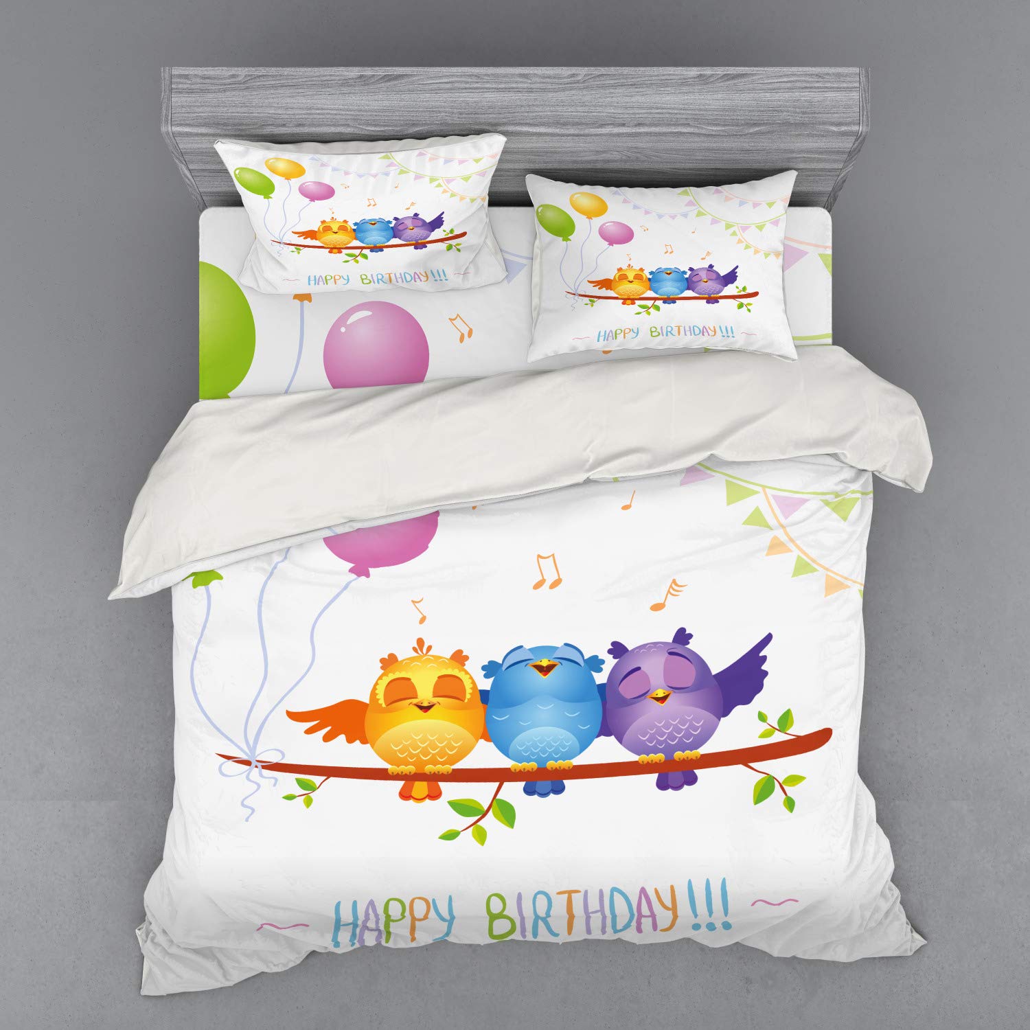 Ambesonne Birthday Party Bedding Set - 4 Piece Duvet Cover Set with Shams & Fitted Sheet, King Size, Celebration Owls on Branch with Balloons Abstract Art, Multicolor - Perfect for Birthday Decorations, Themed Bedrooms & Gift Giving